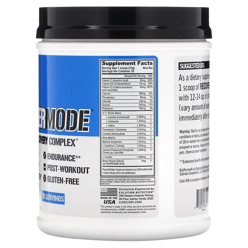 EVLution Nutrition, RECOVERMODE, Complete Recovery Complex, Blue Raz, 22.23 oz (630 g) 710051864512
