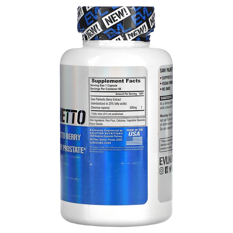 EVLution Nutrition, Saw Palmetto, 500 mg, 60 Veggie Capsules 818901027015