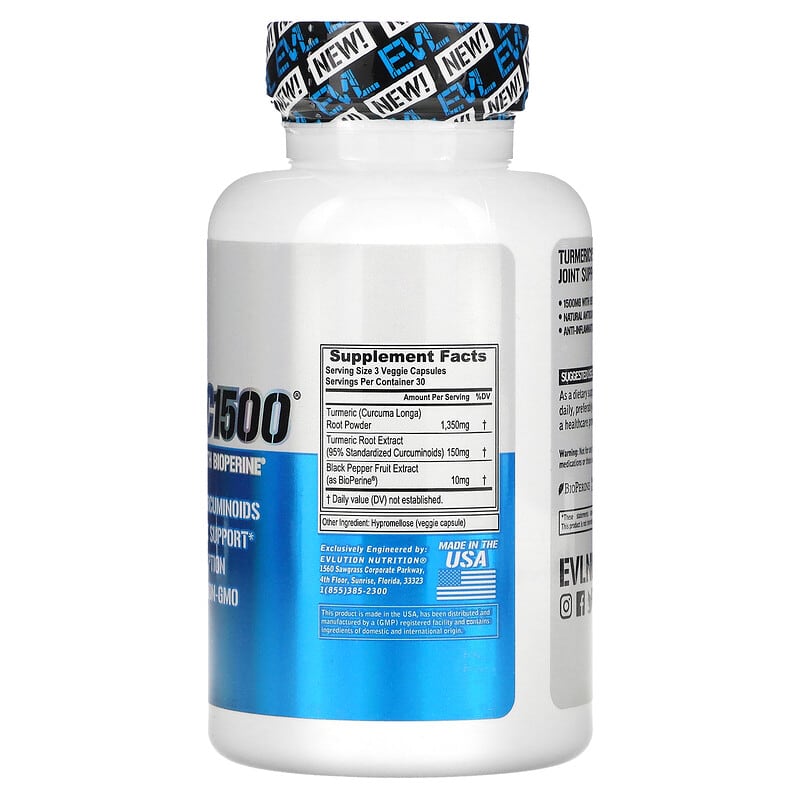 EVLution Nutrition, Turmeric1500, Turmeric Curcumin with Bioperine, 90 Veggie Capsules 818901020511