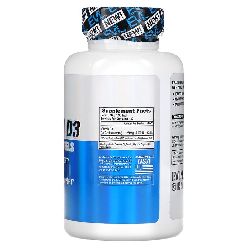 EVLution Nutrition, Vitamin D3, 5,000 IU, 120 Softgels 818901023017