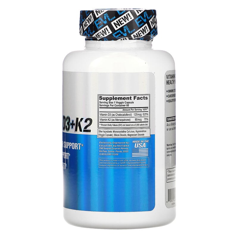 EVLution Nutrition, Vitamin D3+K2, 60 Veggie Capsules 818901022904