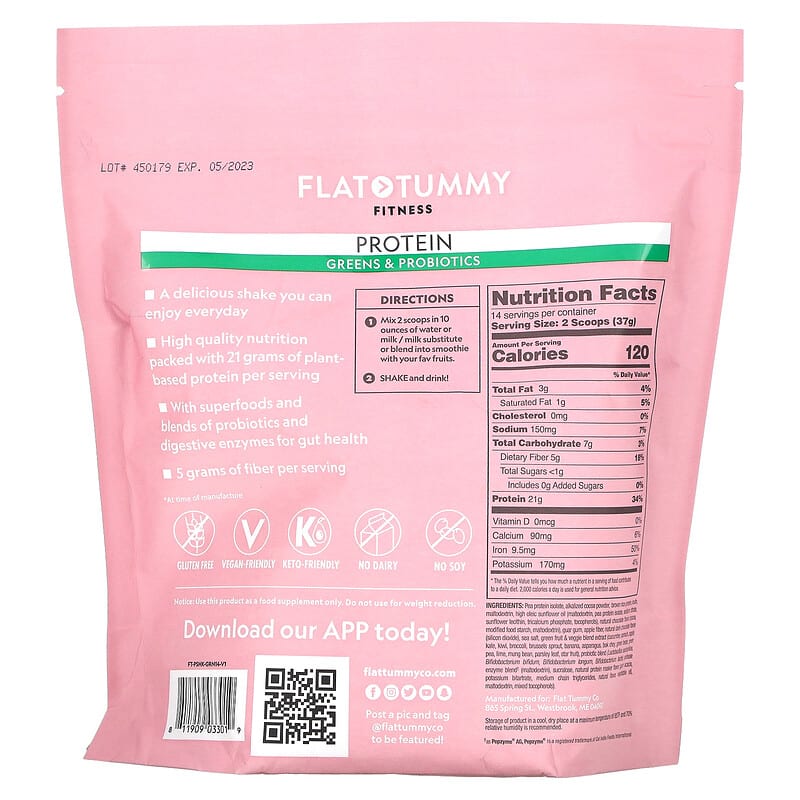 Flat Tummy, Fitness, Protein Drink Mix, Greens & Probiotics, Natural Chocolate, 18.27 oz (518 g) 811909033019