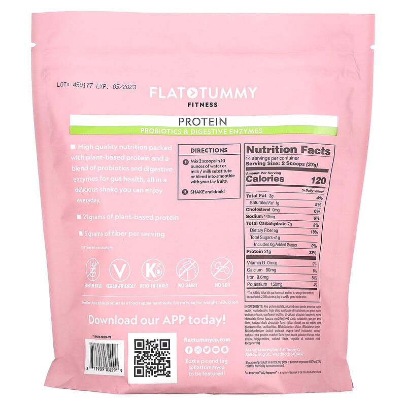 Flat Tummy, Fitness, Protein Drink Mix, Probiotics & Digestive Enzymes, Natural Chocolate, 18.27 oz (518 g) 811909032999