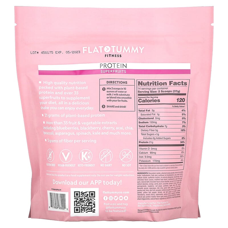 Flat Tummy, Fitness, Protein Drink Mix, Superfruits, Natural Chocolate , 18.27 oz (518 g) 811909033002