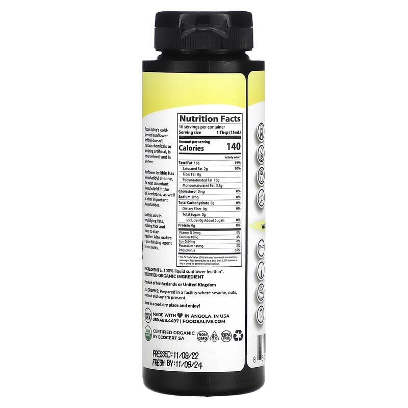 Foods Alive, Sunflower Lecithin, 8 fl oz (236 ml) 850008080098
