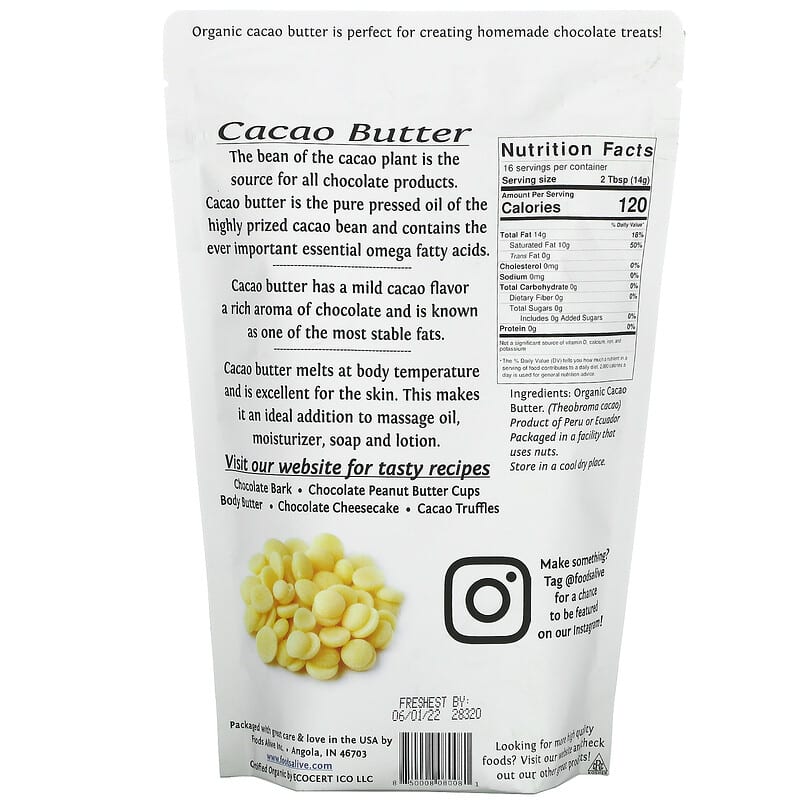 Foods Alive, Superfood, Cacao Butter Wafers, 8 oz (227 g) 850008080081