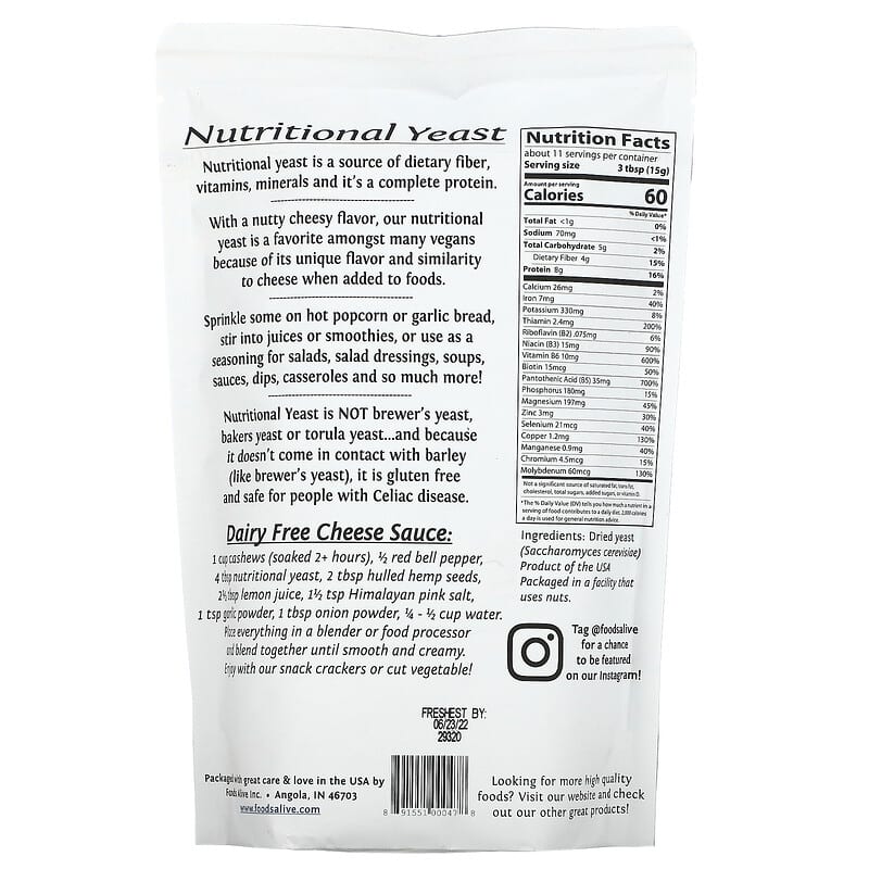 Foods Alive, Superfood, Non-Fortified Nutritional Yeast, 6 oz (170 g) 891551000478