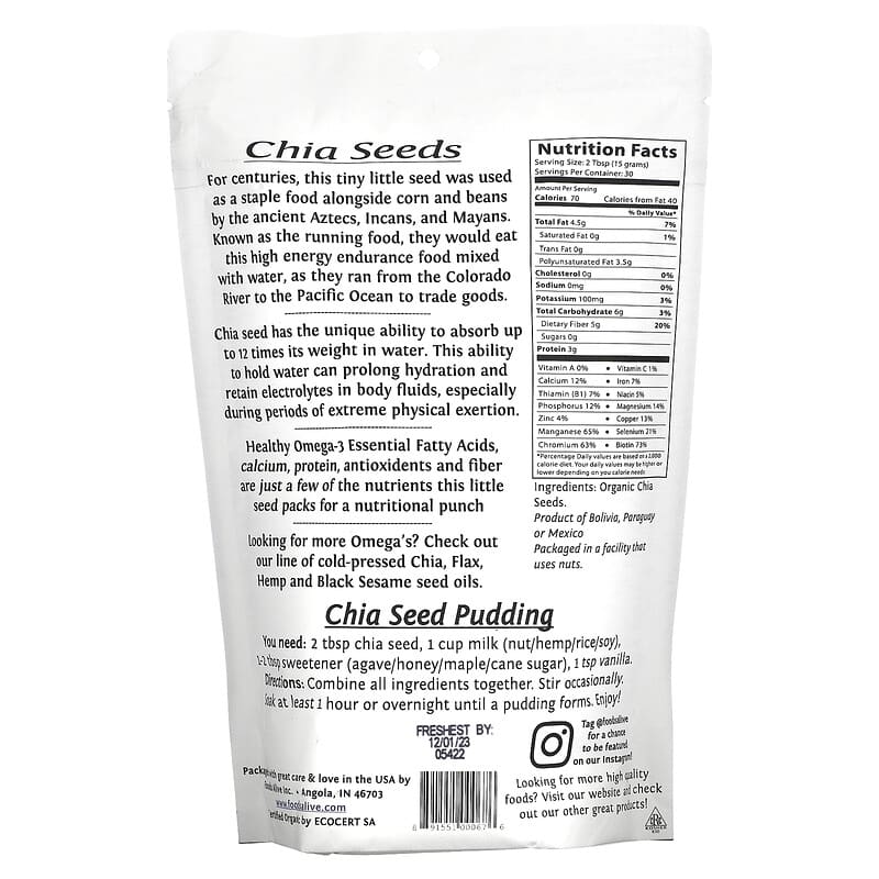 Foods Alive, Superfood, Organic Chia Seed, 16 oz (454 g) 891551000676