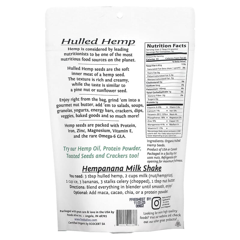 Foods Alive, Superfood, Organic Hulled Hemp Seeds, 8 oz (227 g) 891551000386