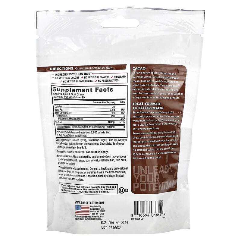 Force Factor, Fundamentals, Cacao, Chocolate, 30 Soft Chews 818594018659