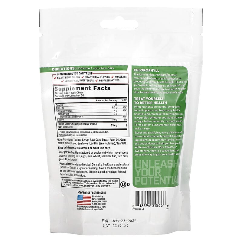 Force Factor, Fundamentals, Chlorophyll, Fresh Mint, 30 Soft Chews 818594018666