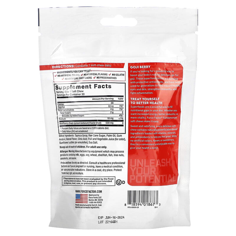 Force Factor, Fundamentals, Goji Berry, 30 Soft Chews 818594018673