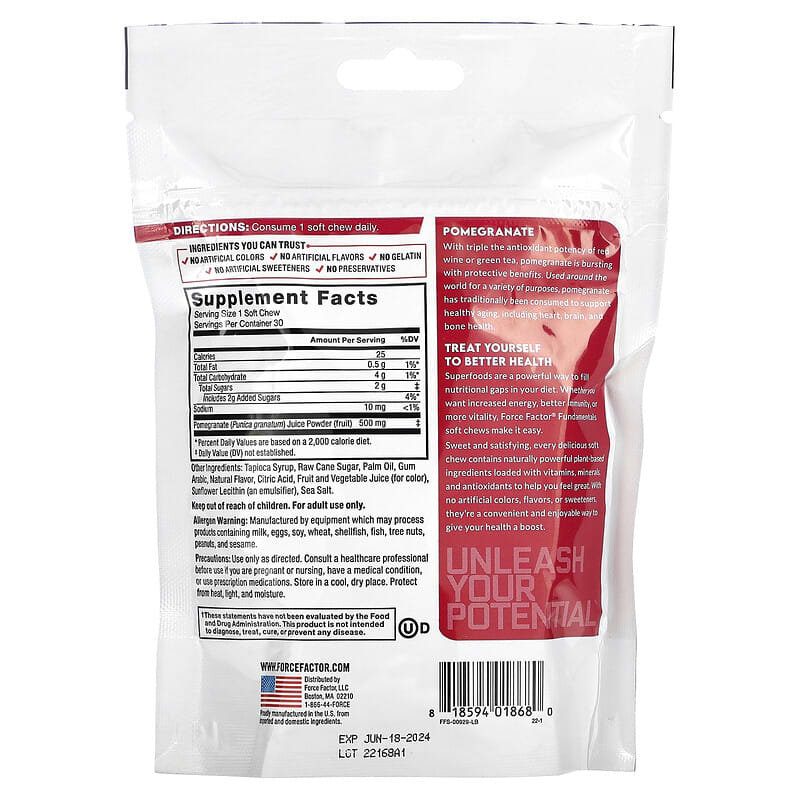 Force Factor, Fundamentals, Pomegranate, 30 Soft Chews 818594018680