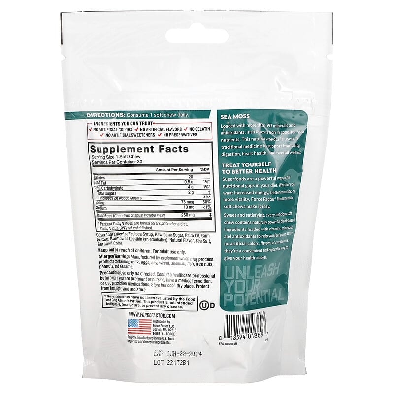 Force Factor, Fundamentals, Sea Moss, Salted Caramel, 30 Soft Chews 818594018697