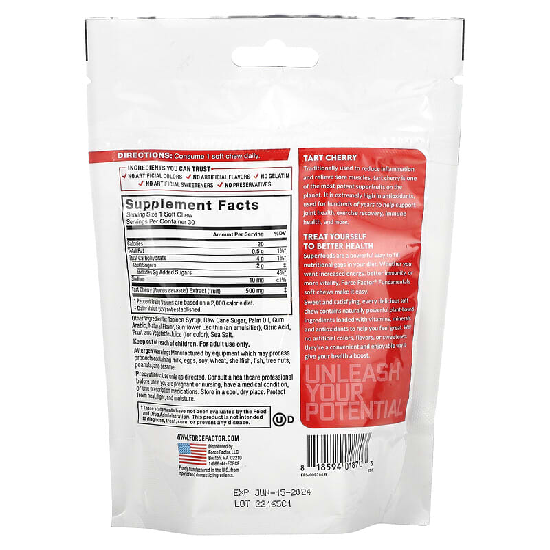 Force Factor, Fundamentals, Tart Cherry, Cherry, 30 Soft Chews 818594018703