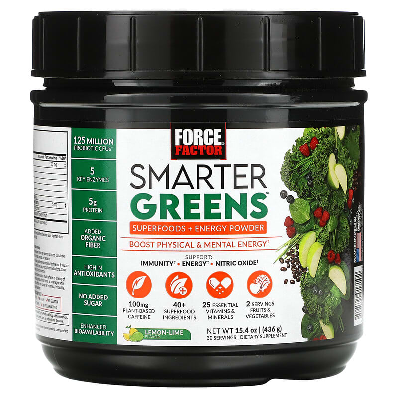 Force Factor Smarter Greens Superfoods + Energy Powder Lemon-Lime 15.4 oz (436 g) 818594017102
