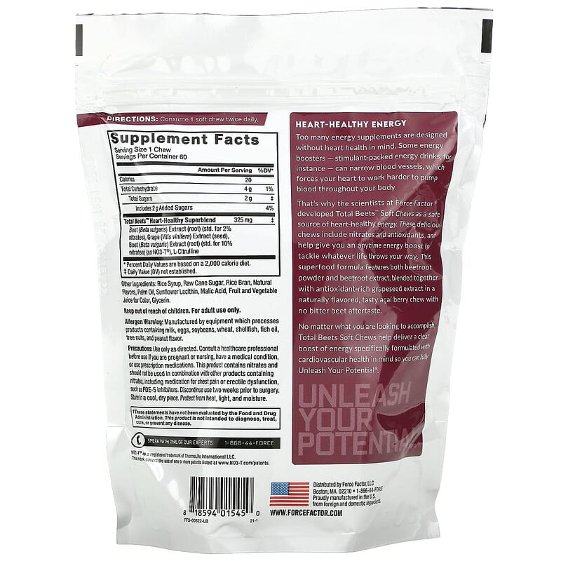 Force Factor, Total Beets, Healthy Energy + Antioxidants, Acai Berry, 325 mg, 60 Chews 818594015450