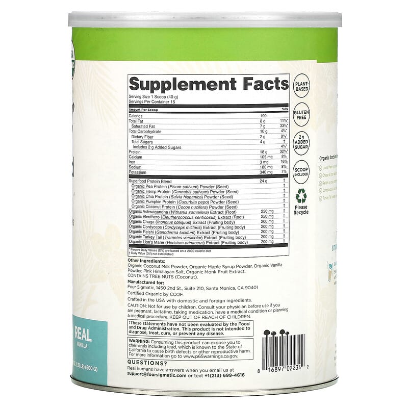 Four Sigmatic, Plant-Based Protein with Immune Supporting Mushrooms & Adaptogens, Sweet Vanilla, 1.32 lb (600 g) 816897022342