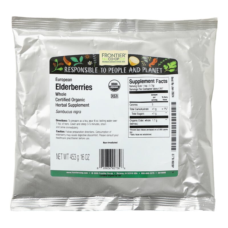 Frontier Co-Op, Organic Whole European Elderberries, 16 oz (453 g) 89836027306