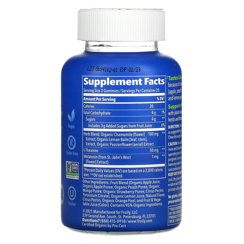Fruily, Herbal Melatonin Sleep with Organic Apple, Peach & Mango, Mixed Fruit, 50 Gummies 850019556087
