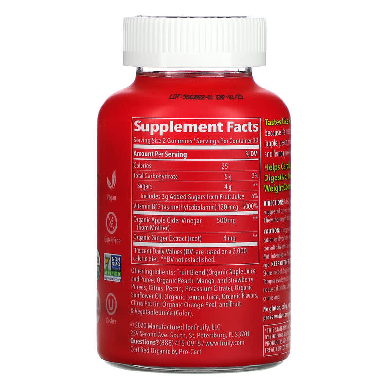 Fruily, Organic Apple Cider Vinegar with Ginger & Vitamin B12, Mixed Fruit, 60 Gummies 850019556001