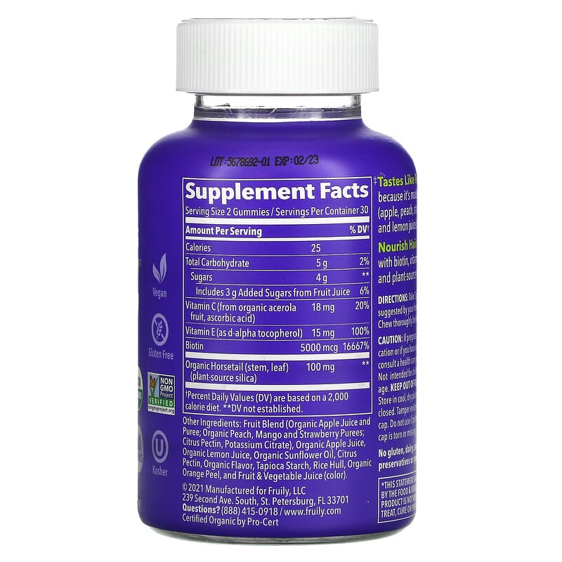 Fruily, Organic Biotin Hair, Skin & Nails with Vitamins C & E, Silica, Mixed Fruit, 60 Gummies 850019556025