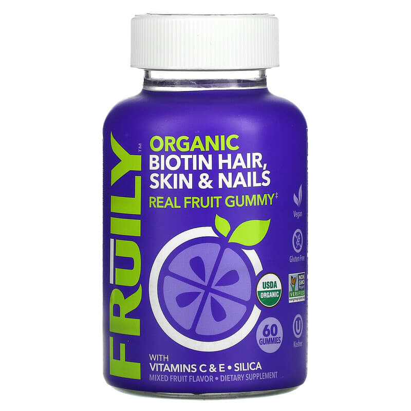 Fruily Organic Biotin Hair Skin & Nails with Vitamins C & E Silica Mixed Fruit 60 Gummies 850019556025