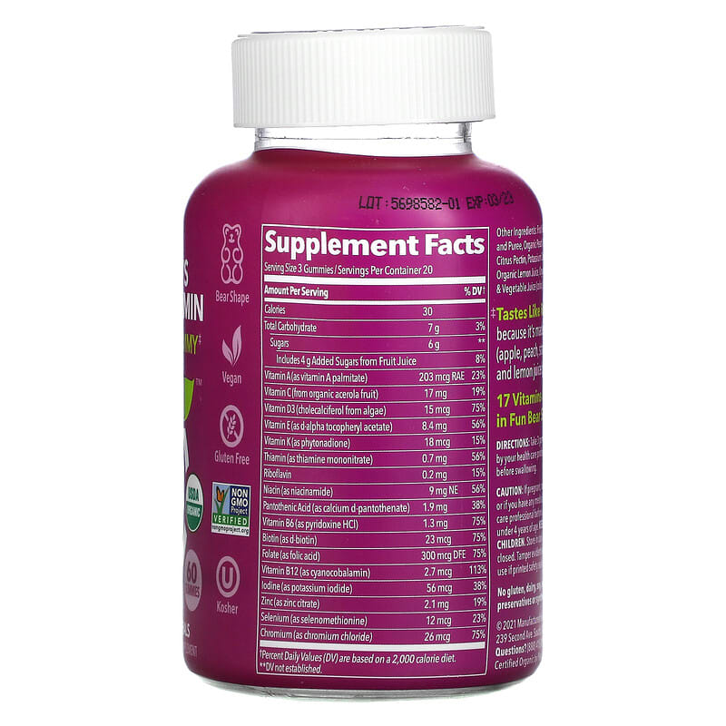 Fruily, Organic Children's Multivitamin with 17 Vitamins and Minerals, Mixed Fruit, 60 Gummies 850019556117