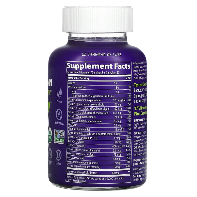 Fruily, Organic Women's Multivitamin, With Cranberry Extract, Mixed Fruit, 60 Gummies 850019556148