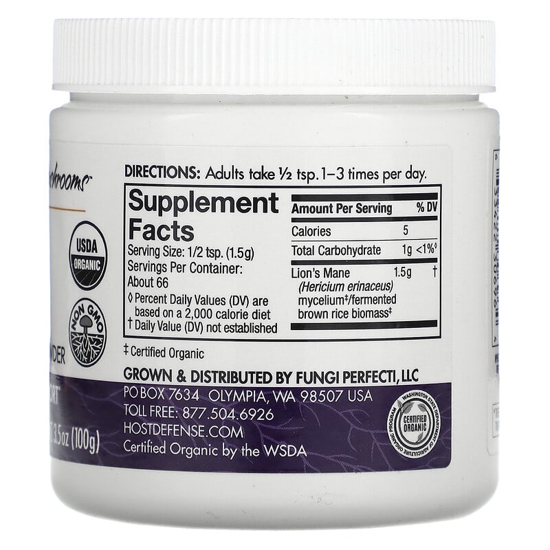 Fungi Perfecti Host Defense, Lion's Mane, Mushroom Mycelium Powder, Memory & Nerve Support, 3.5 oz (100 g) 633422306964