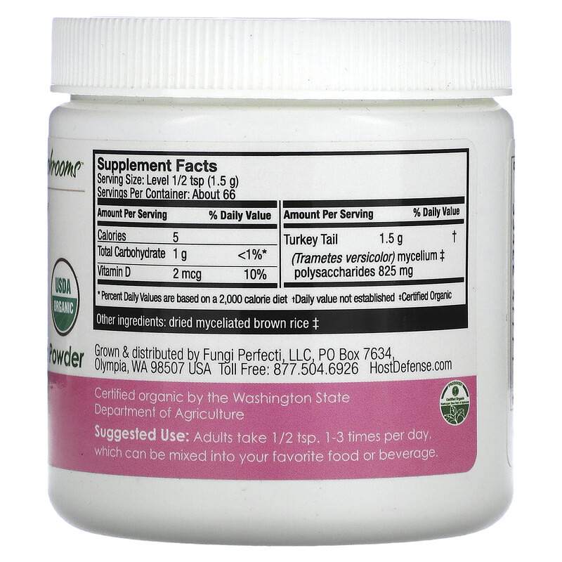 Fungi Perfecti Host Defense, Turkey Tail, Mushroom Mycelium Powder, Immune Support, 3.5 oz (100 g) 633422477718