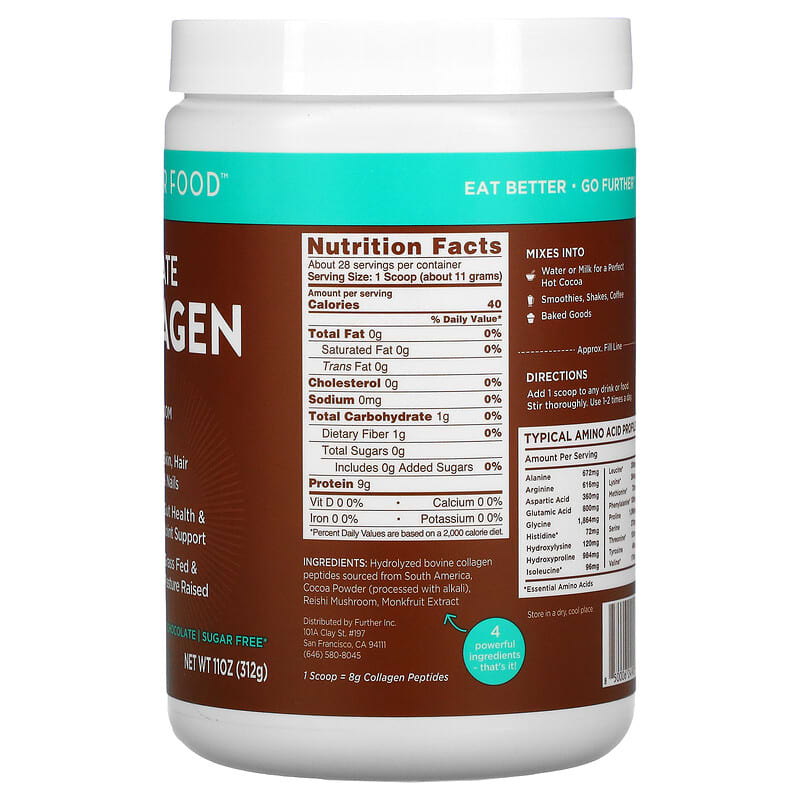 Further Food, Chocolate Collagen Peptides Plus Reishi Mushroom, Dark Chocolate, 11 oz (312 g) 850006249008