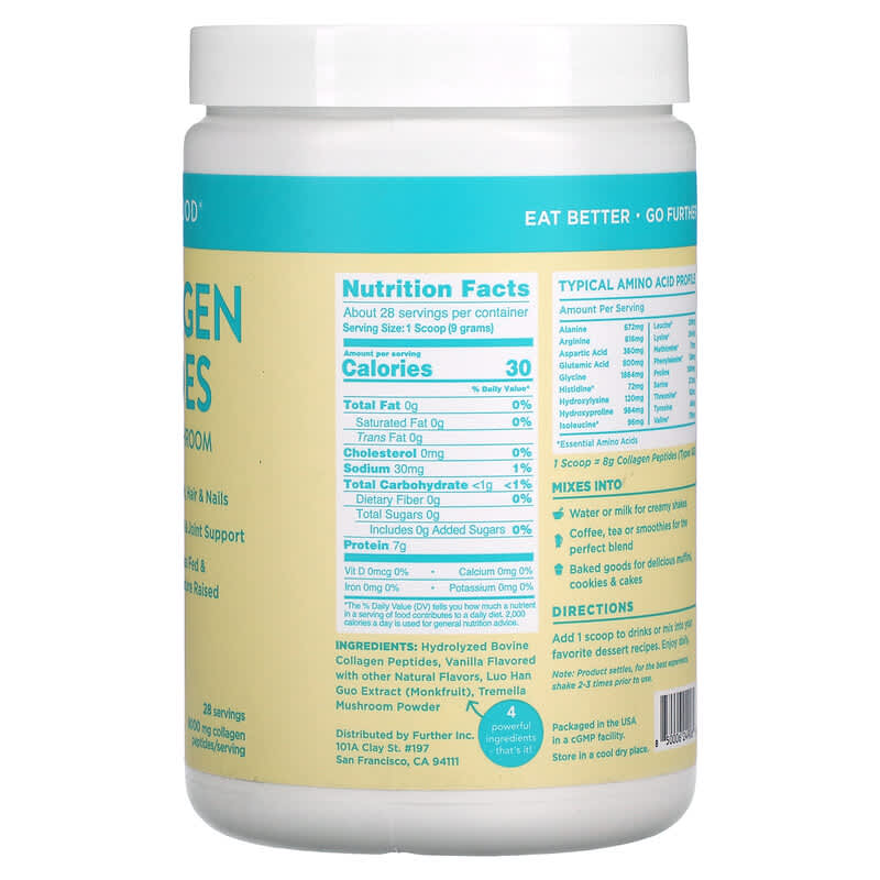 Further Food, Collagen Peptides Plus Beauty Mushroom, Vanilla, 8.79 oz (249 g) 850006249060