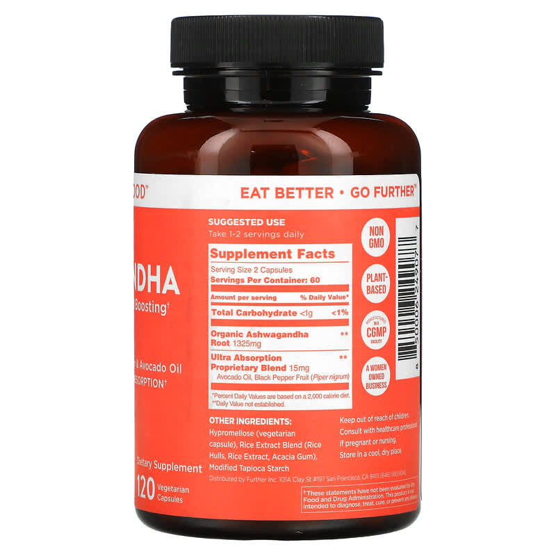 Further Food, Premium Ashwagandha, Maximum Strength, 662.5 mg, 120 Vegetarian Capsules 850006249077