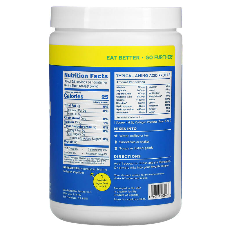 Further Food, Premium Marine Collagen Peptides, Unflavored, 6.5 oz (185 g) 860706002629