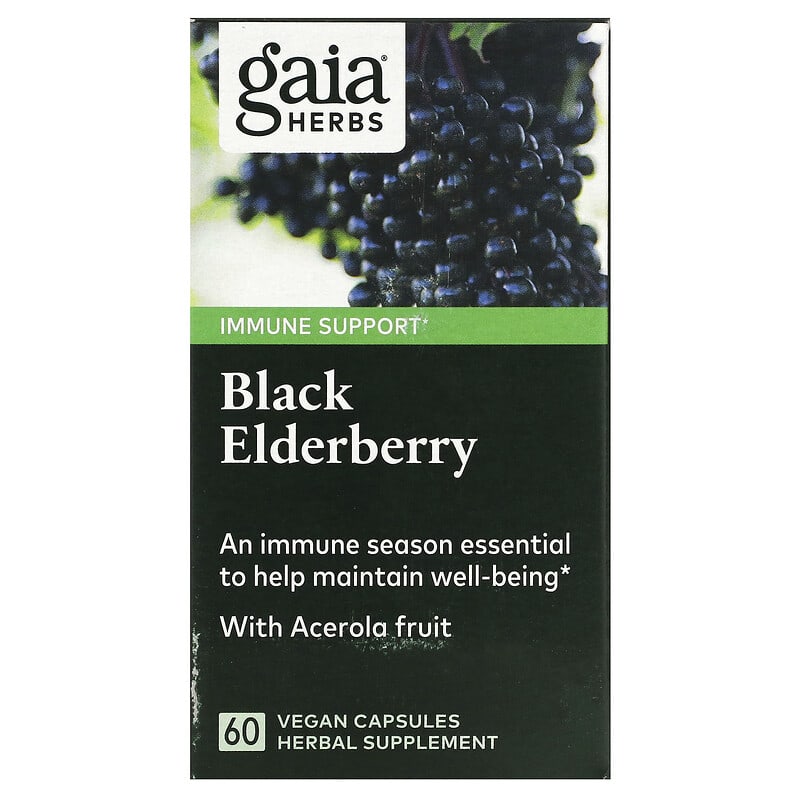 Gaia Herbs Black Elderberry with Acerola Fruit 60 Vegan Capsules 751063400602