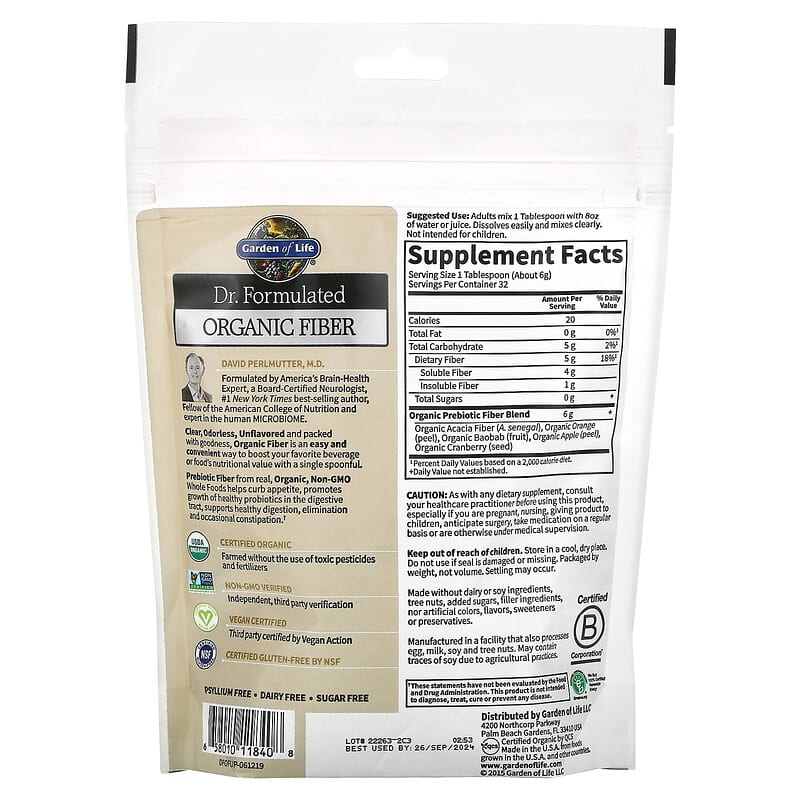 Garden of Life, Dr. Formulated, Organic Fiber, Clear, Unflavored, 6.8 oz (192 g) 658010118408