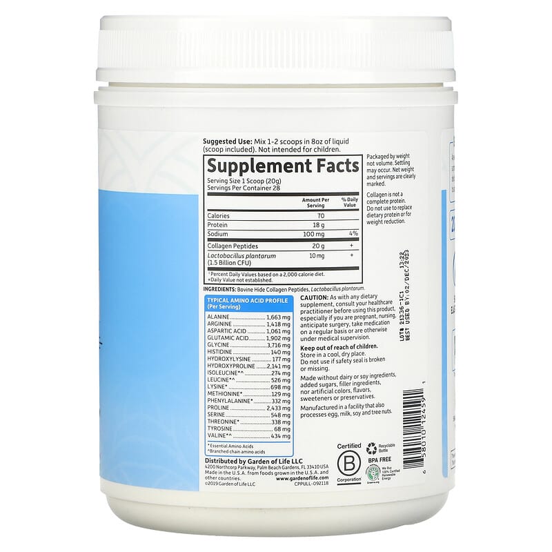 Garden of Life, Grass Fed Collagen Peptides, Unflavored, 19.75 oz (560 g) 658010124591