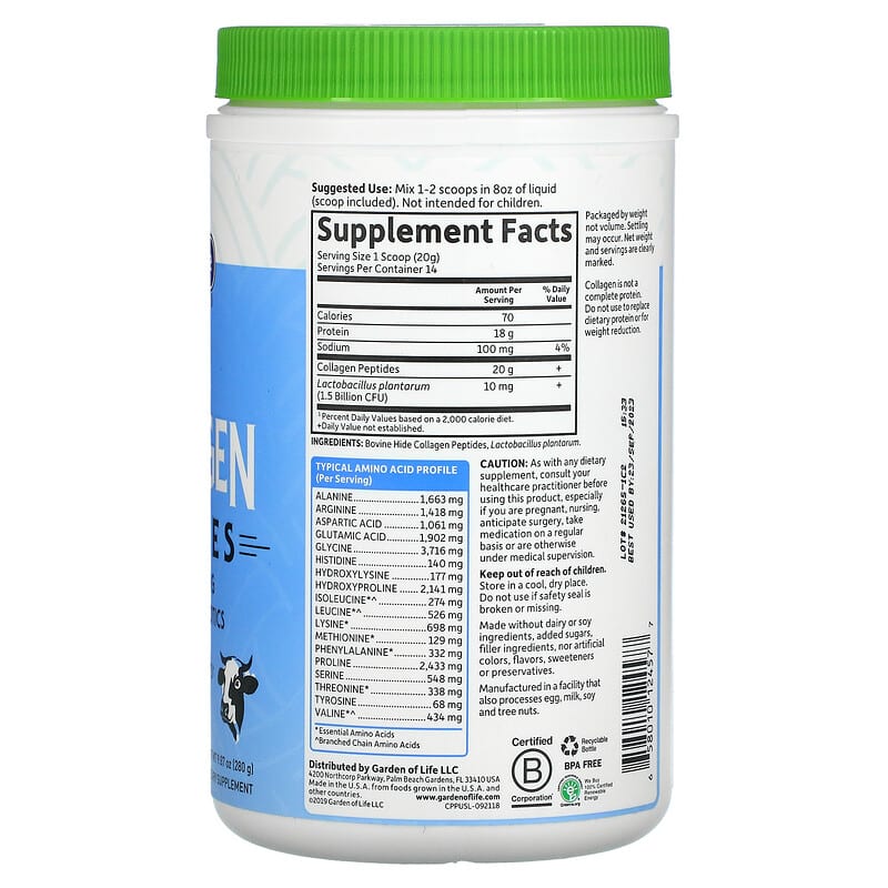 Garden of Life, Grass Fed Collagen Peptides, Unflavored, 9.87 oz (280 g) 658010124577