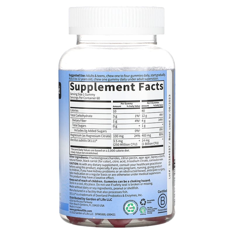 Garden of Life, Magnesium with Pre & Probiotics Gummies, Raspberry , 60 Gummies 658010130899