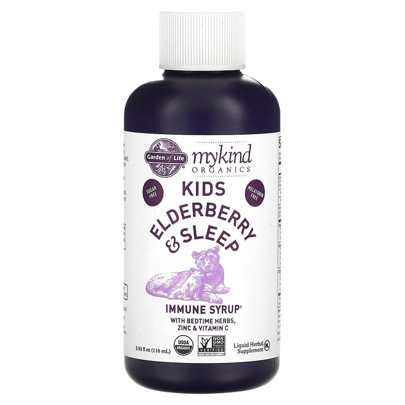 Garden of Life, Mykind Organics, Kids Elderberry & Sleep, Immune Syrup with Bedtime Herbs, Zinc & Vitamin C, 3.92 fl oz (116 ml) 658010128216