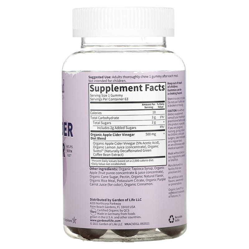 Garden of Life, MyKind Organics, Organic Apple Cider Vinegar Diet Gummies, 63 Vegan Gummies 658010128612