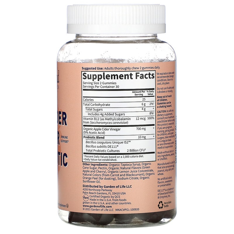 Garden of Life, MyKind Organics, Organic Apple Cider Vinegar Probiotic Gummies, 2 Bil CFU, 60 Vegan Gummies 658010128605