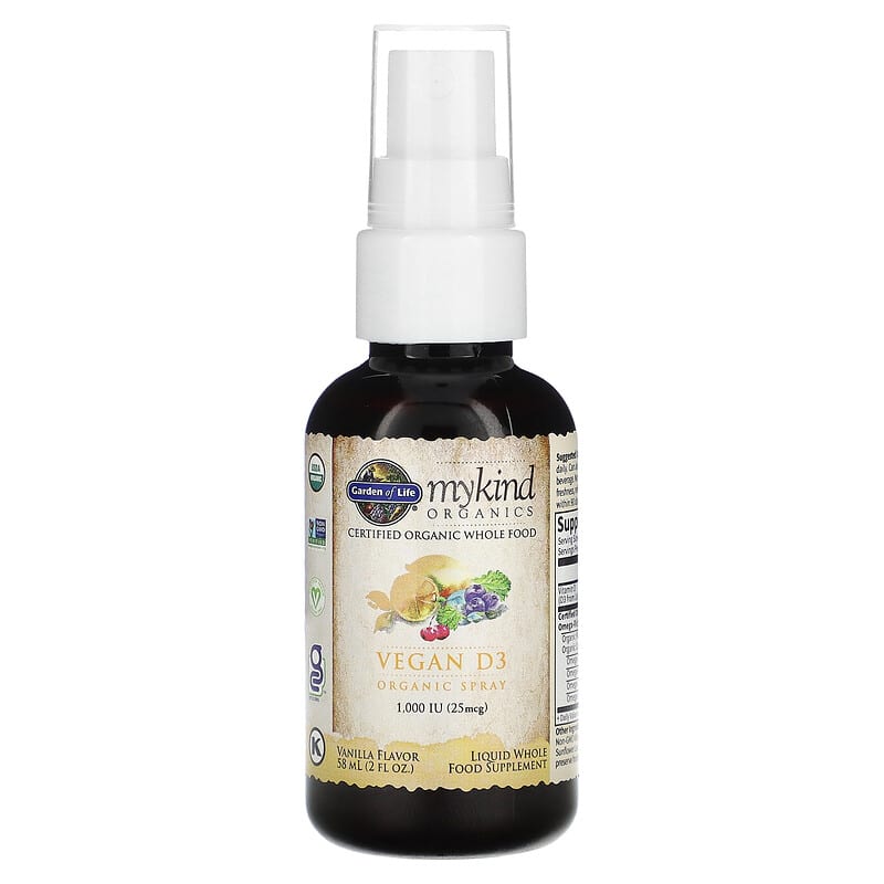 Garden of Life, MyKind Organics, Vegan D3 Organic Spray, Vanilla, 25 mcg (1,000 IU), 2 fl oz (58 ml) 658010117814