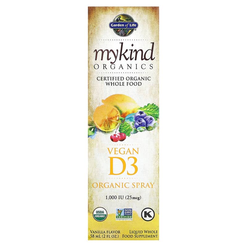 Garden of Life MyKind Organics Vegan D3 Organic Spray Vanilla 25 mcg (1,000 IU) 2 fl oz (58 ml) 658010117814
