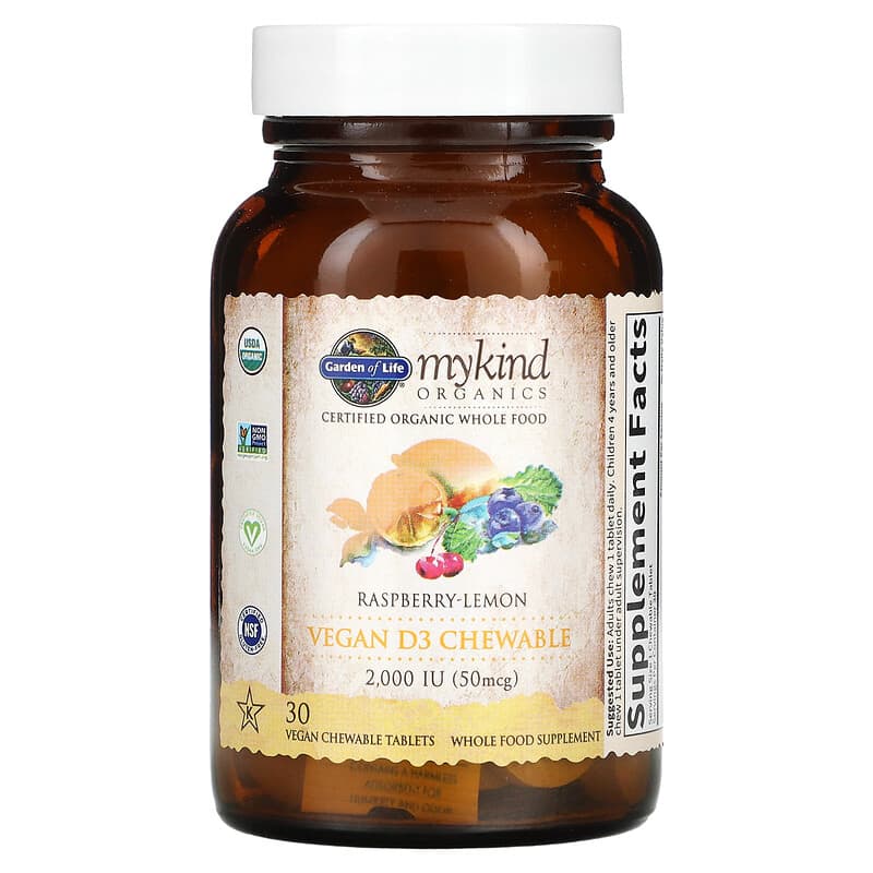 Garden of Life, MyKind Organics, Vegan D3, Raspberry-Lemon, 50 mcg (2,000 IU), 30 Vegan Chewable Tablets 658010118613