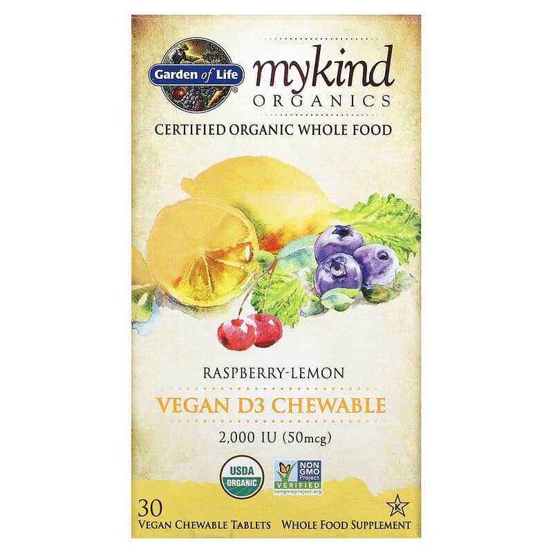 Garden of Life MyKind Organics Vegan D3 Raspberry-Lemon 50 mcg (2,000 IU) 30 Vegan Chewable Tablets 658010118613