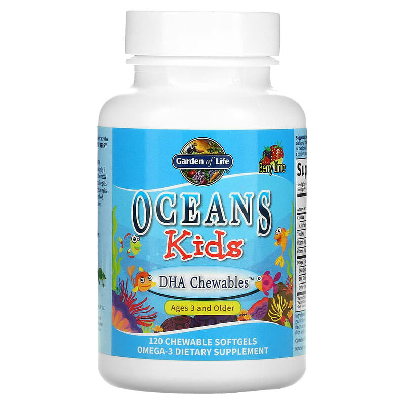 Garden of Life, Oceans Kids, DHA Chewables, Ages 3 and Older, Berry Lime, 120 mg, 120 Chewable Softgels 658010113878