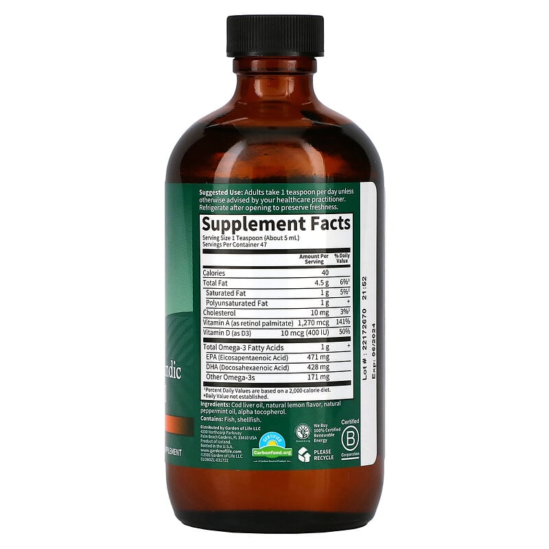 Garden of Life, Olde World Icelandic Cod Liver Oil, Lemon Mint, 8 fl oz (236 ml) 658010111362