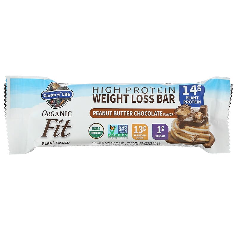 Garden of Life, Organic Fit, High Protein Weight Loss Bar, Peanut Butter Chocolate, 12 Bars, 1.94 oz (55 g) Each 658010119153